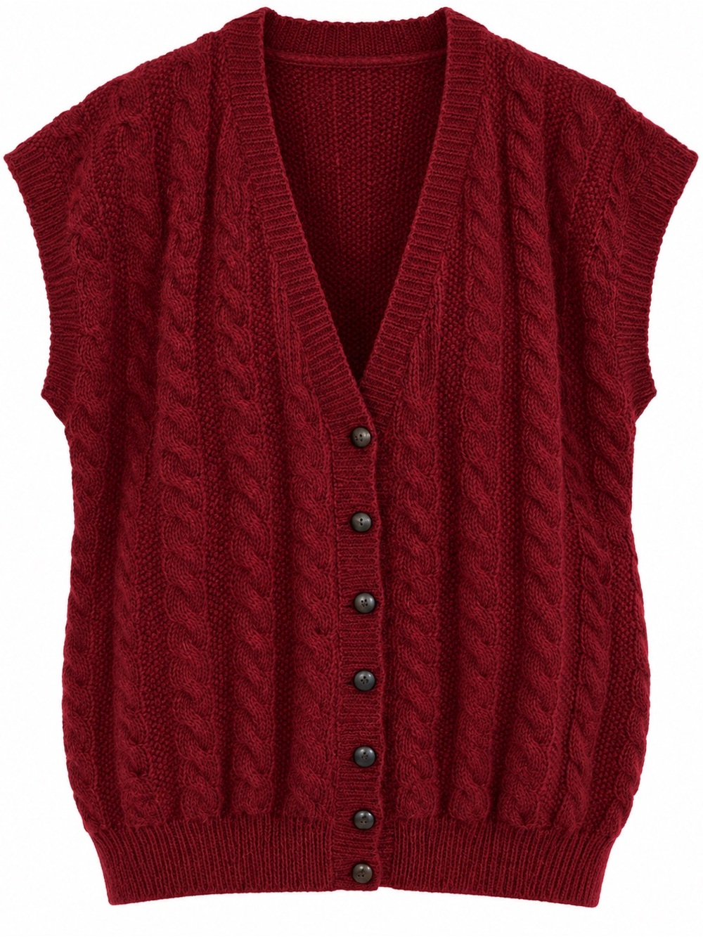 Handmade Merino Wool Burgundy Cable Knit Long Sweater Vest M L